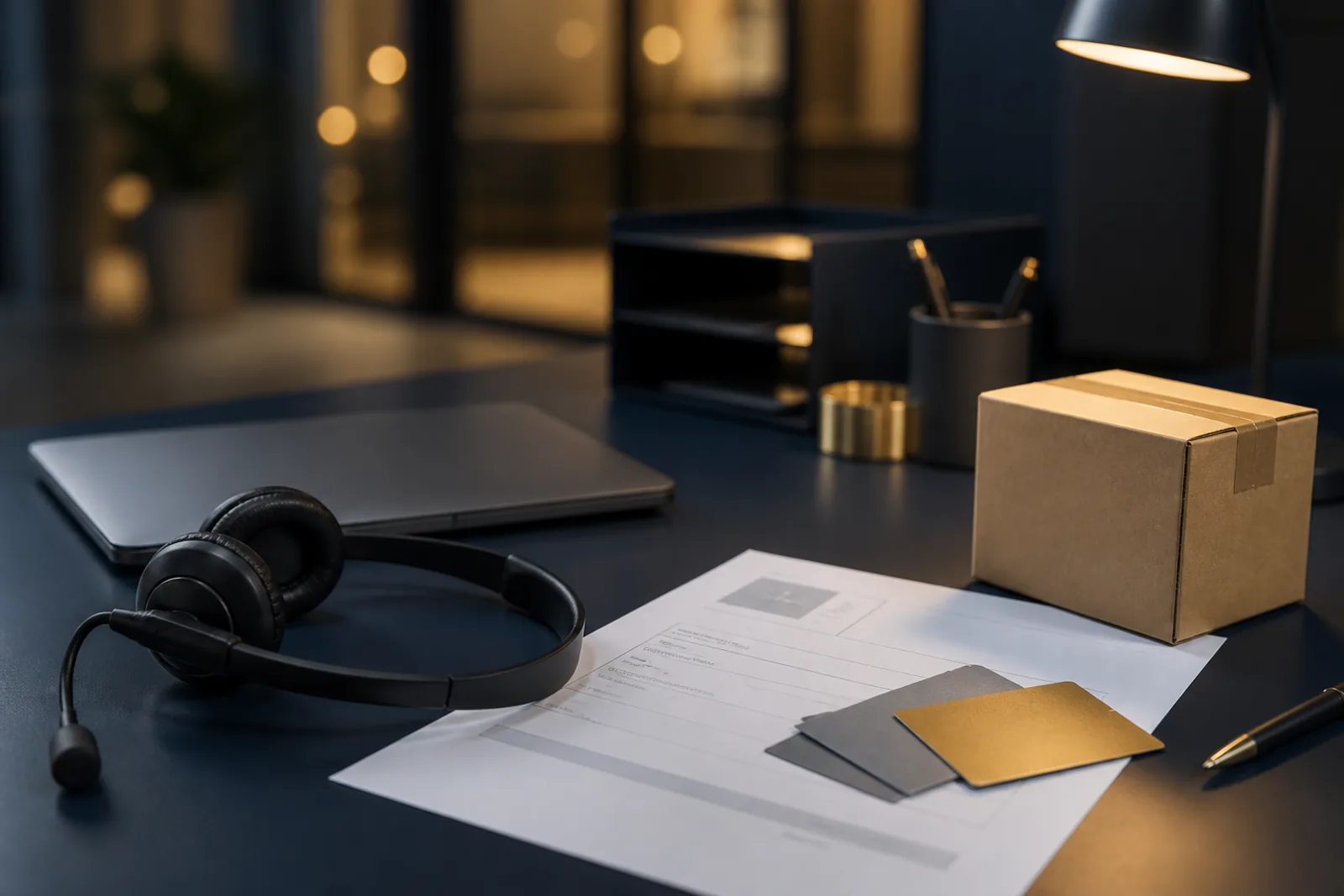Support headset, shipping box, and one gold WISMO ticket pulled from a stack on a navy desk